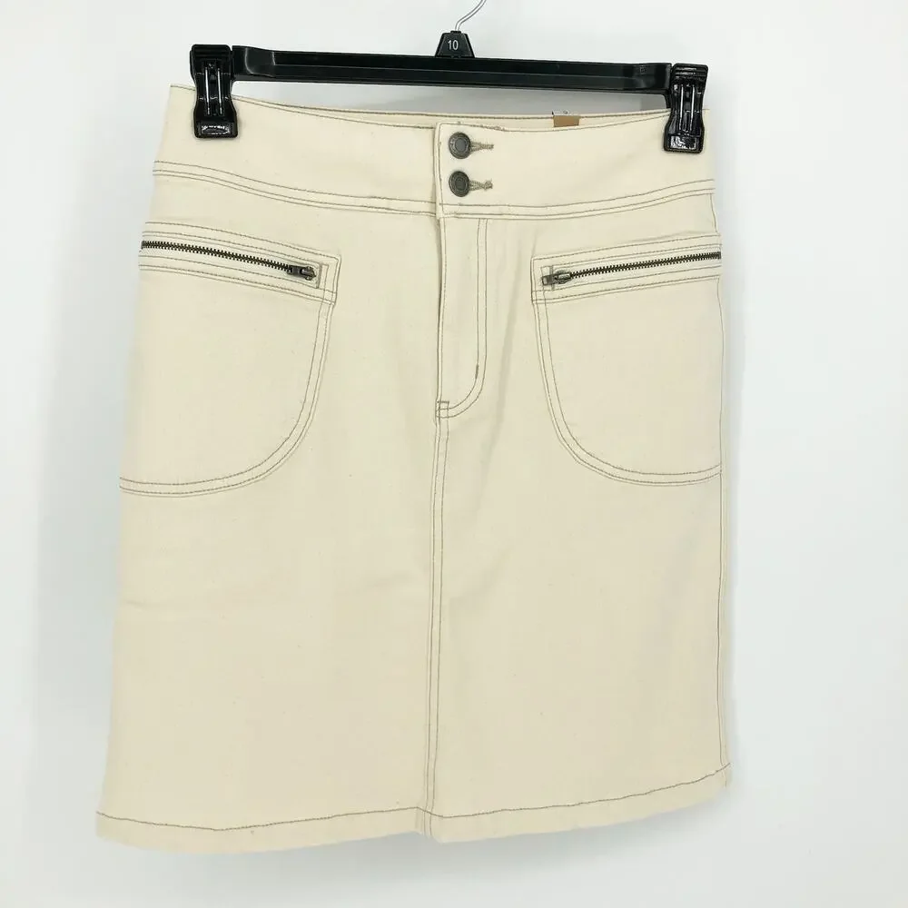 PRANA Womens Broadway Denim Skirt Size 8 Natural Cream Knee Length Stretch NWT